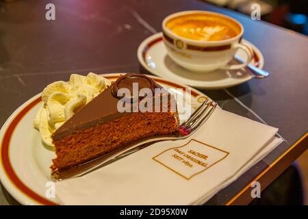 Traditional Sacher Chocolate Cake and coffee, Café Sacher Wien, Vienna, Austria, Europe Stock Photo