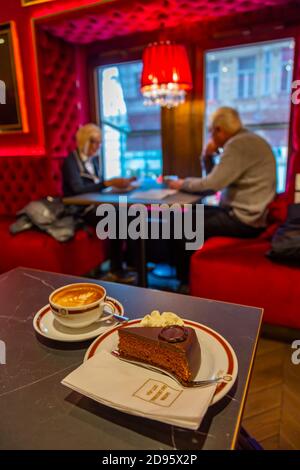 Traditional Sacher Chocolate Cake and coffee, Café Sacher Wien, Vienna, Austria, Europe Stock Photo