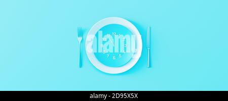 Clock in dinner plate with fork and knife on pastel blue background. Time to eat, Breakfast, Lunch Time and Dinner concept 3d render 3d illustration Stock Photo