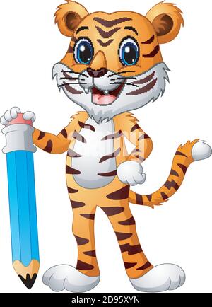 Vector illustration of Funny tiger cartoon holding a big pencil Stock Vector