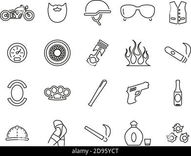 Motorcycle Club Or Motorcycle Gang Icons Black & White Thin Line Set Big Stock Vector