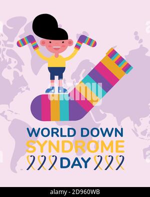 world down sindrome day campaign poster with little boy and socks colors vector illustration design Stock Vector