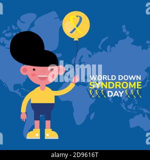 world down sindrome day campaign poster with little boy and balloons helium vector illustration design Stock Vector