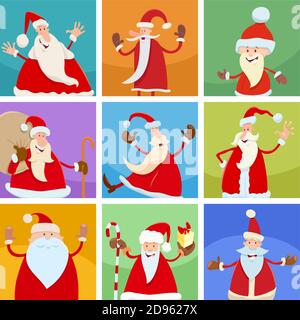 Cartoon illustration of holiday design or greeting cards with Santa Claus Christmas characters set Stock Vector