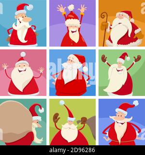 Cartoon illustration of Christmas design or greeting cards with Santa Claus characters set Stock Vector