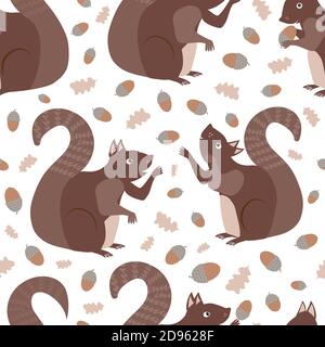 Cute squirrels juggling acorns vector seamless pattern background. Scattered fun woodland animals playing with nuts on white backdrop. Hand drawn Stock Vector