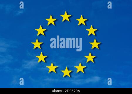 November 2nd, 2020, blue sky with light clouds over Schleswig with the 12 five-pointed, yellow stars as a stylized representation of the flag of the European Union. Symbolic image for the basic values of the EU. | usage worldwide Stock Photo