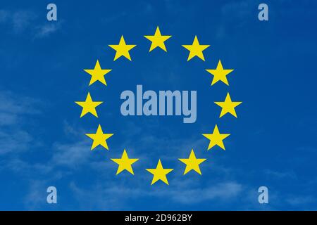 November 2nd, 2020, blue sky with light clouds over Schleswig with the 12 five-pointed, yellow stars as a stylized representation of the flag of the European Union. Symbolic image for the basic values of the EU. | usage worldwide Stock Photo