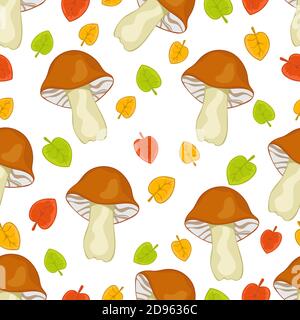 Brown forest mushrooms and autumn leaves seamless pattern, cartoon hand drawing, colorful background. For the design of children's prints, fabric, bri Stock Vector