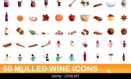 50 mulled wine icons set. Cartoon illustration of 50 mulled wine icons vector set isolated on white background Stock Vector