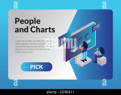 women couple and charts with media player templates vector illustration design Stock Vector