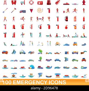 100 emergency icons set. Cartoon illustration of 100 emergency icons vector set isolated on white background Stock Vector