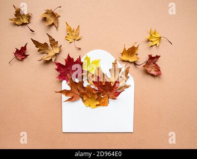 Autumn composition. Envelope with dried leaves on pastel brown background. Autumn, fall concept. Flat lay, top view. Stock Photo
