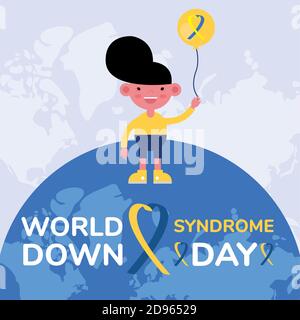 world down sindrome day campaign poster with little boy and balloon helium vector illustration design Stock Vector