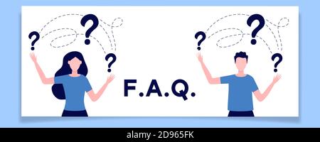 Concept of inquiry, frequently asked questions, looking for assistance, help, thinking. Female and male characters surrounded question marks. Men and Stock Vector