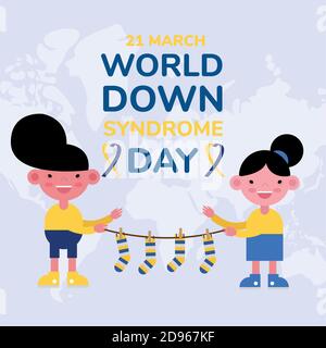 world down sindrome day campaign poster with kids and colors socks hanging vector illustration design Stock Vector