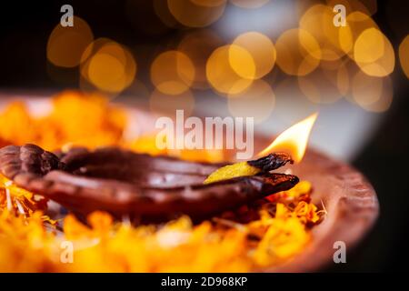 Diwali Diya, oil clay lamp beautifully decorated with flower on the festive occasion of deepavali, deepawali. Beautiful photo for Indian tradition, ri Stock Photo