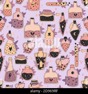 Seamless pattern with colorful magic cartoon bottles and love potions with stars. Vector illustration. Magic elixir hand drawn pattern design. Stock Vector