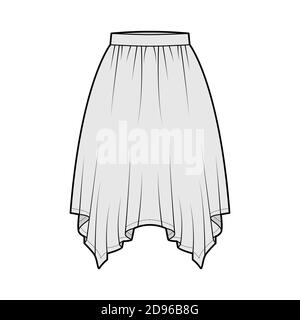 Skirt handkerchief technical fashion illustration with circular knee silhouette, pencil fullness, thin waistband. Flat bottom template front, grey color style. Women, men, unisex CAD mockup Stock Vector