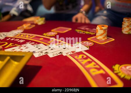 Casino gambling Black jack table on a cruise  ship. Carnival cruise Line, Carnival Glory. Caribbean islands Stock Photo