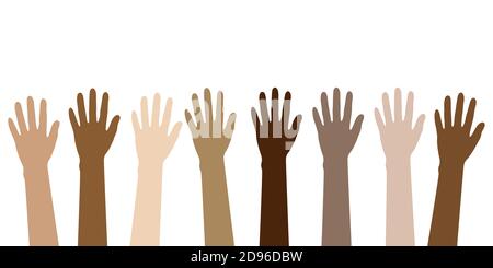raised hands in different skin colors isolated on white vector illustration EPS10 Stock Vector