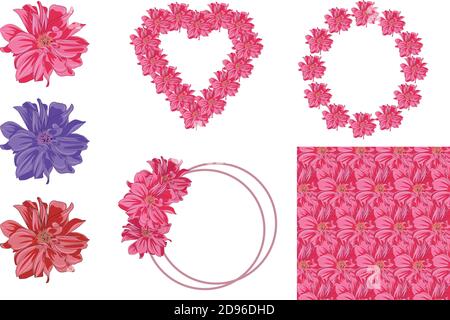 flower set with flowers, frames, and seamless pattern Stock Vector