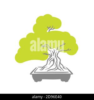 Japanese old bonsai tree in pot logo Stock Vector