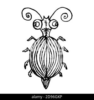 Funny striped bug, hand drawn doodle black and white sketch style, illustration, top view Stock Photo