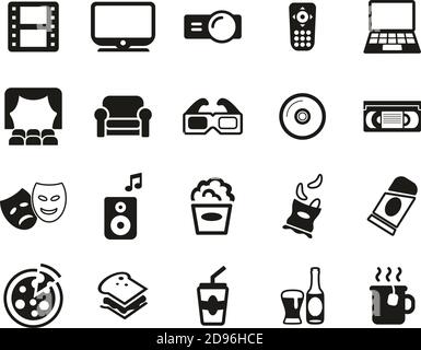 Movie Night At Home Icons Black & White Set Big Stock Vector