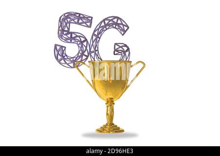 Golden trophy cup isolated on white background with a 5G letter in a shape of telecommunication tower inside. Possibilities. 3d illustration Stock Photo