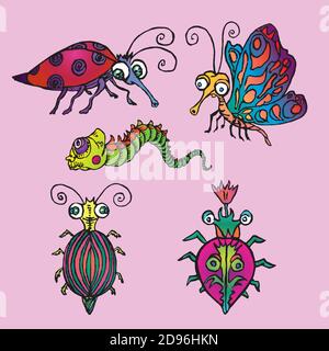 Funny set of red polka dotted ladybug, butterfly or moth,  green caterpillar and bugs, hand drawn doodle color sketch style Stock Photo