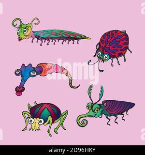 Funny set of horned scolopendra, red polka dotted ladybug, pink caterpillar, spider with red cross on top of body and stag beetle, hand drawn doodle Stock Photo