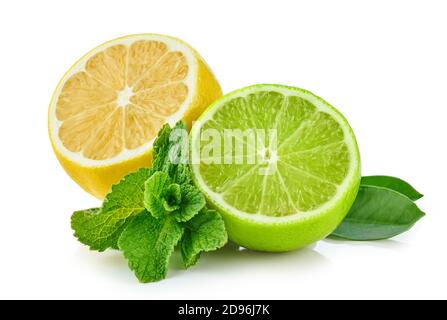 lemon, lime and mint leaf isolated on white background Stock Photo