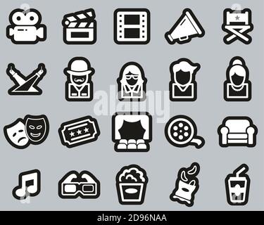 Movie Or Movie Industry Icons White On Black Sticker Set Big Stock Vector