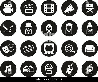 Movie Or Movie Industry Icons White On Black Flat Design Circle Set Big Stock Vector