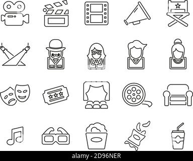 Movie Or Movie Industry Icons Black & White Thin Line Set Big Stock Vector