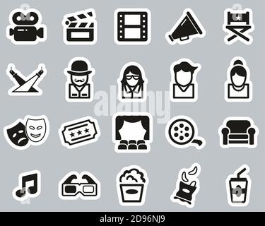 Movie Or Movie Industry Icons Black & White Sticker Set Big Stock Vector