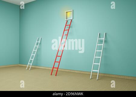 Step ladders against a wall among a red ladder leads to a window on wooden floor. Standing out from the crowd or go your own way. 3d illustration Stock Photo