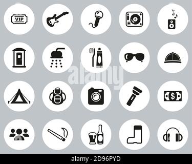 Music Festival Icons Black & White Flat Design Circle Set Big Stock Vector