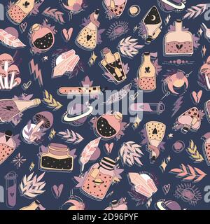 Witchcraft themed symbols and elements. Magic and celestial inspired Seamless Pattern.  Halloween Concept. Gift Packaging. Hand drawn vector doodle Stock Vector