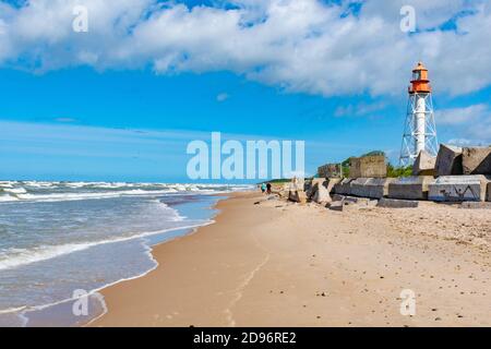 Pape Old lighthouse in Pape, Latvia is a lighthouse located on the Latvian coast of the Baltic Sea Stock Photo