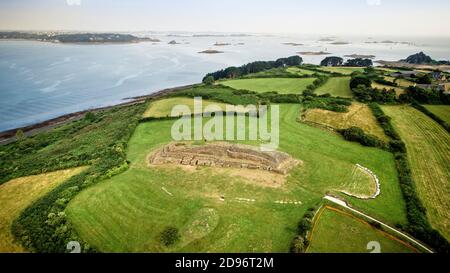 Plouezoc'h (Brittany, north-western France): aerial view of the great cairn of Barnenez, Neolithic megalithic monument located on the peninsula of Ker Stock Photo