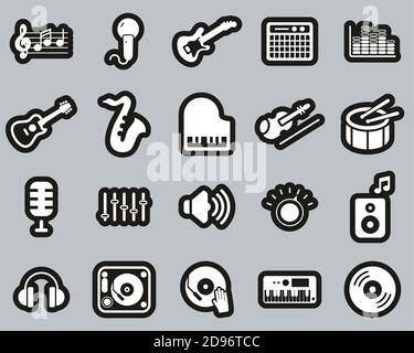 Music Or Music Studio Equipment Icons White On Black Sticker Set Big Stock Vector