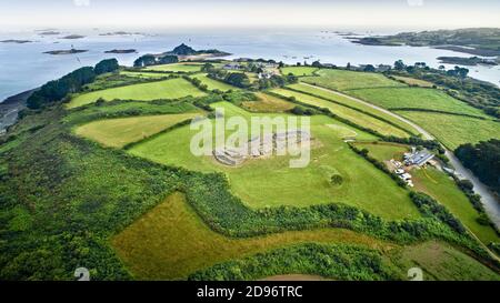 Plouezoc'h (Brittany, north-western France): aerial view of the great cairn of Barnenez, Neolithic megalithic monument located on the peninsula of Ker Stock Photo