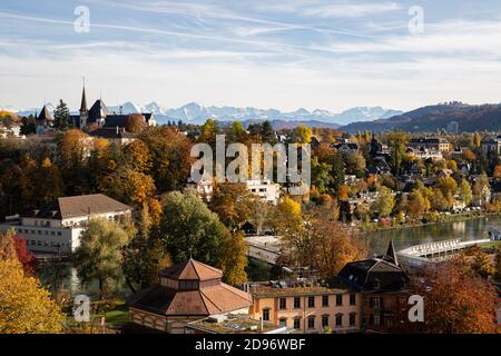 Bern Switzerland - 10.25.2020 View over Bern and the Bern History Museum and Aare river in the Autumn with the Alps in the background