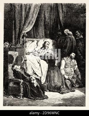 Don Quixote lies sick in bed. Don Quixote by Miguel de Cervantes Saavedra. Old XIX century engraving illustration by Gustave Dore Stock Photo