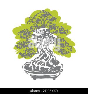 Japanese old bonsai tree in pot hand drawn logo Stock Vector