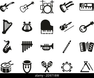 Musical Instruments Icons Black & White Set Big Stock Vector