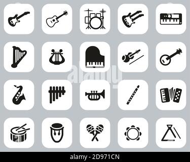 Musical Instruments Icons Black & White Flat Design Set Big Stock Vector