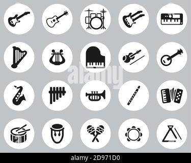 Musical Instruments Icons Black & White Flat Design Circle Set Big Stock Vector